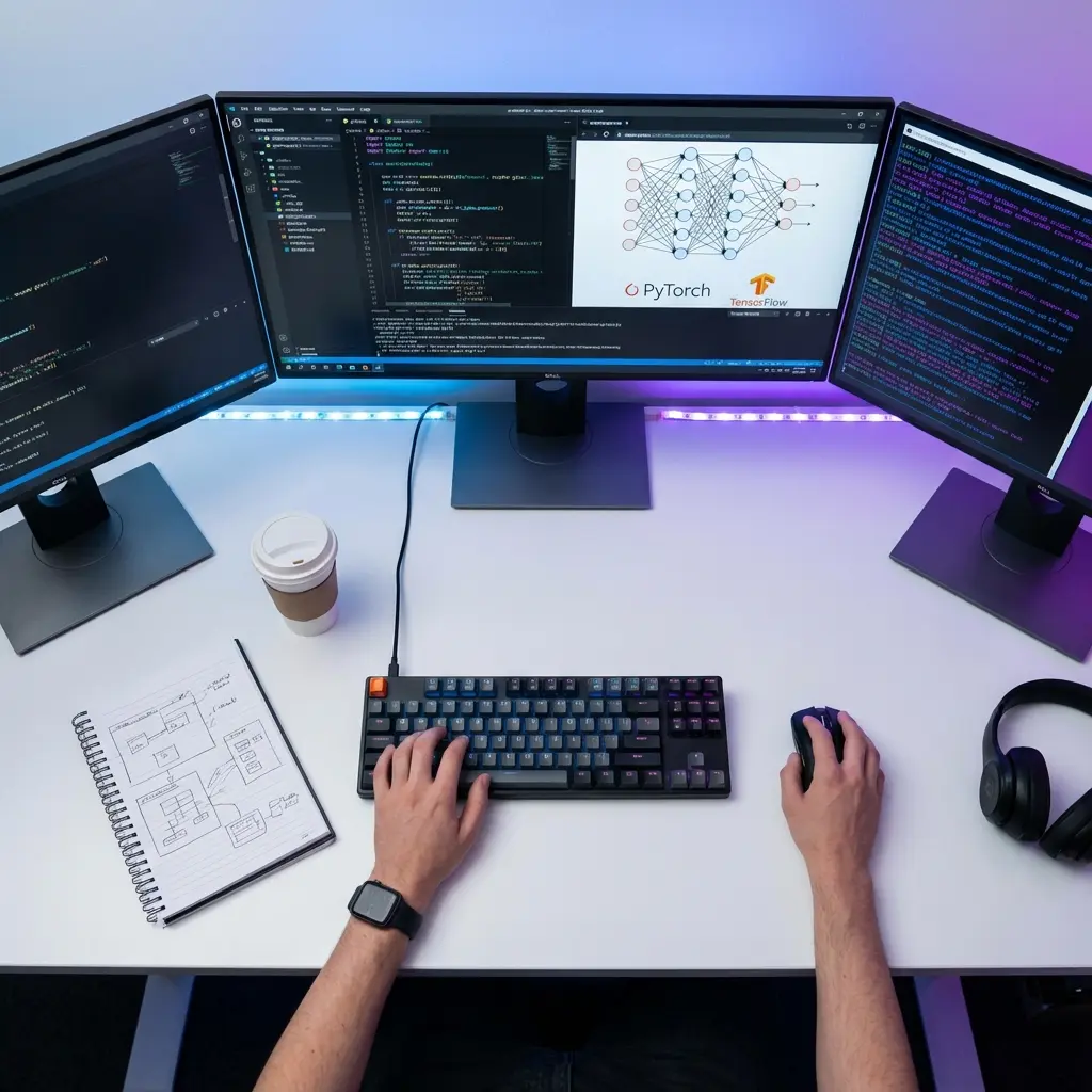 AI engineer workstation with code and neural network visualizations on screen