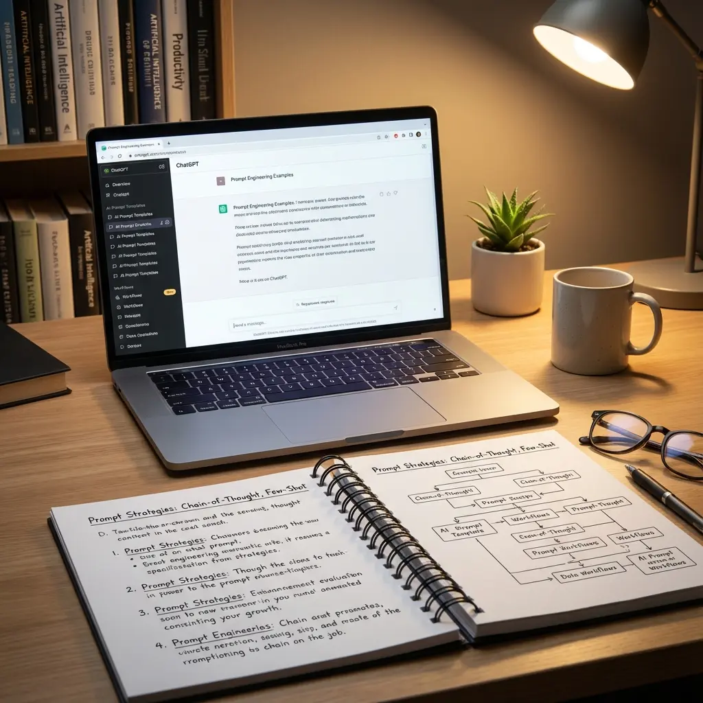Modern workspace with AI chat interfaces and prompt development environment