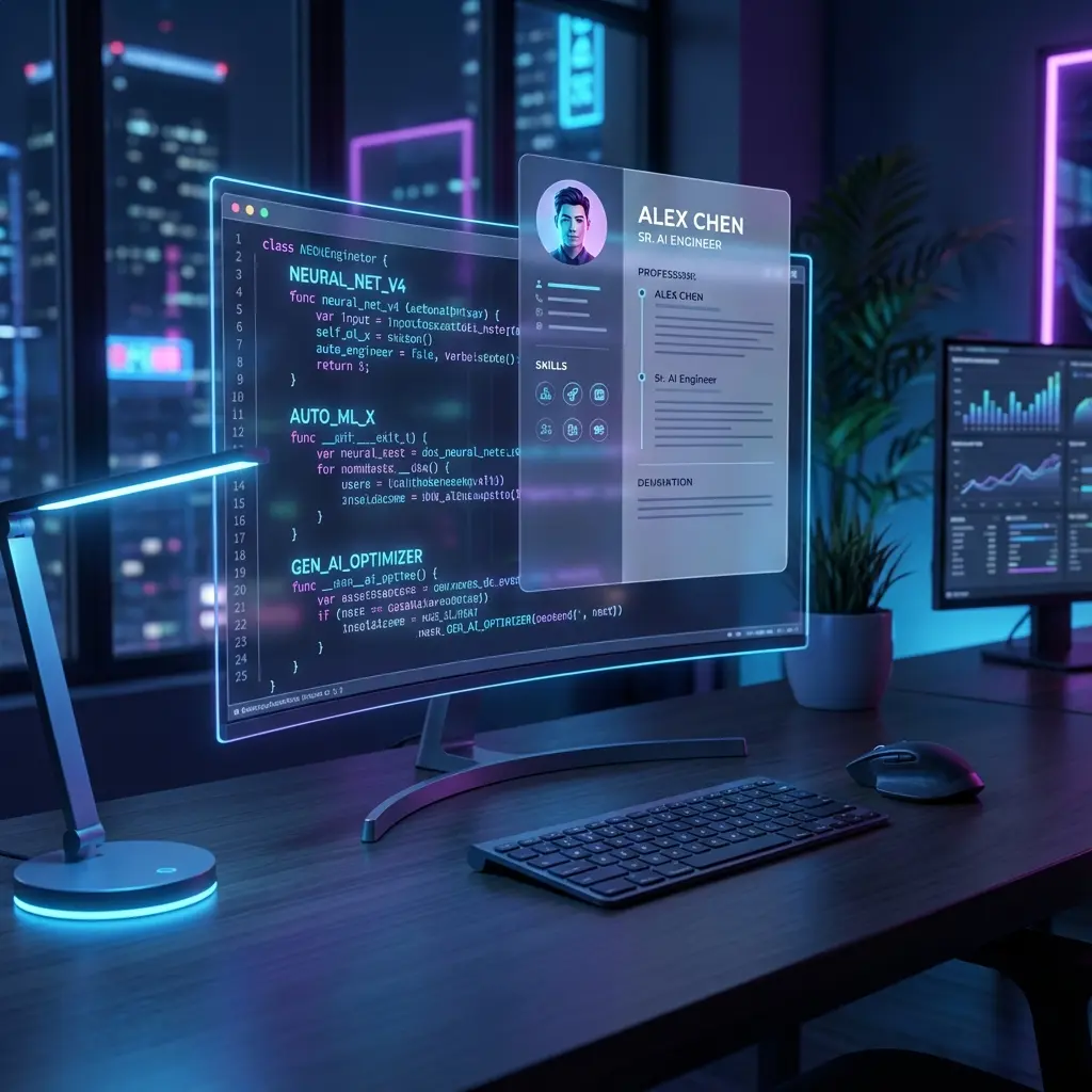 AI code snippets on a holographic display with a modern resume overlay