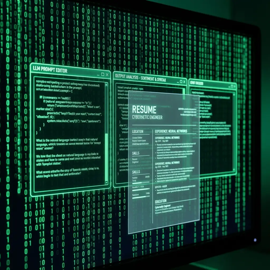 Futuristic interface showing complex LLM prompts and output analysis, with a high-tech resume overlay