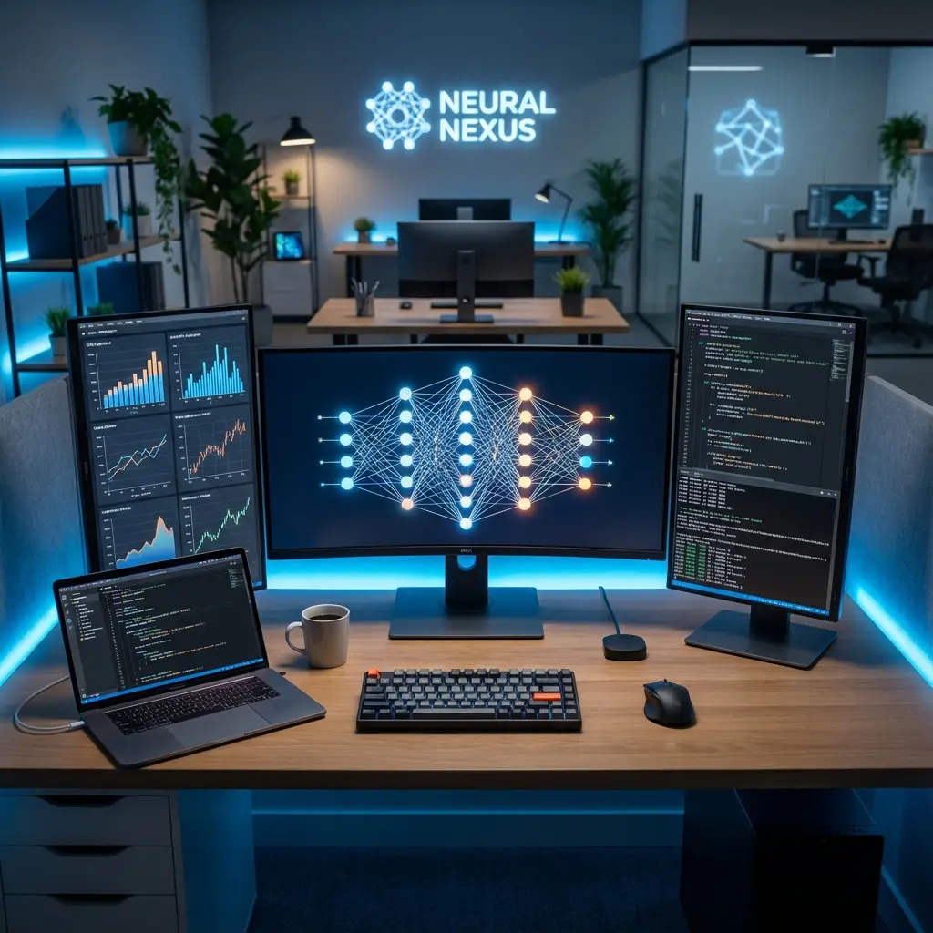 Machine learning engineer working on neural network visualizations on multiple monitors