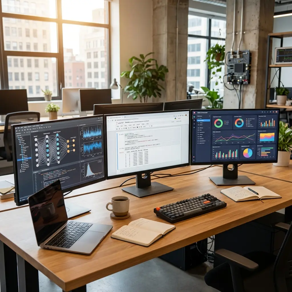 Data scientist workspace with machine learning models, code, and data visualizations on multiple monitors