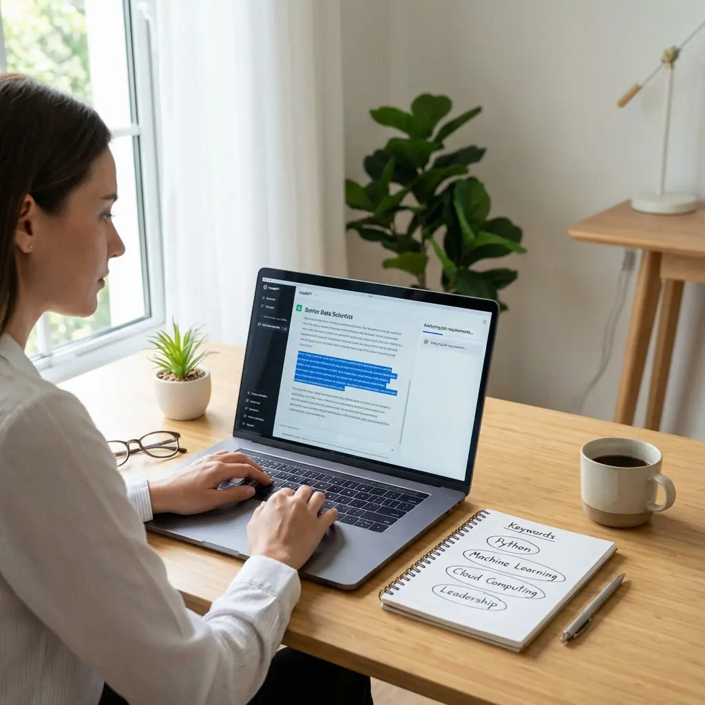Professional using AI tool to analyze job description on laptop screen