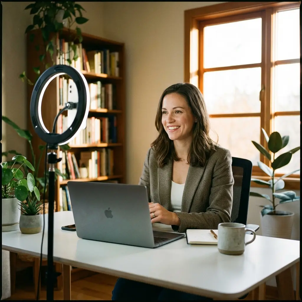 Professional candidate recording an AI video interview on laptop in modern home office