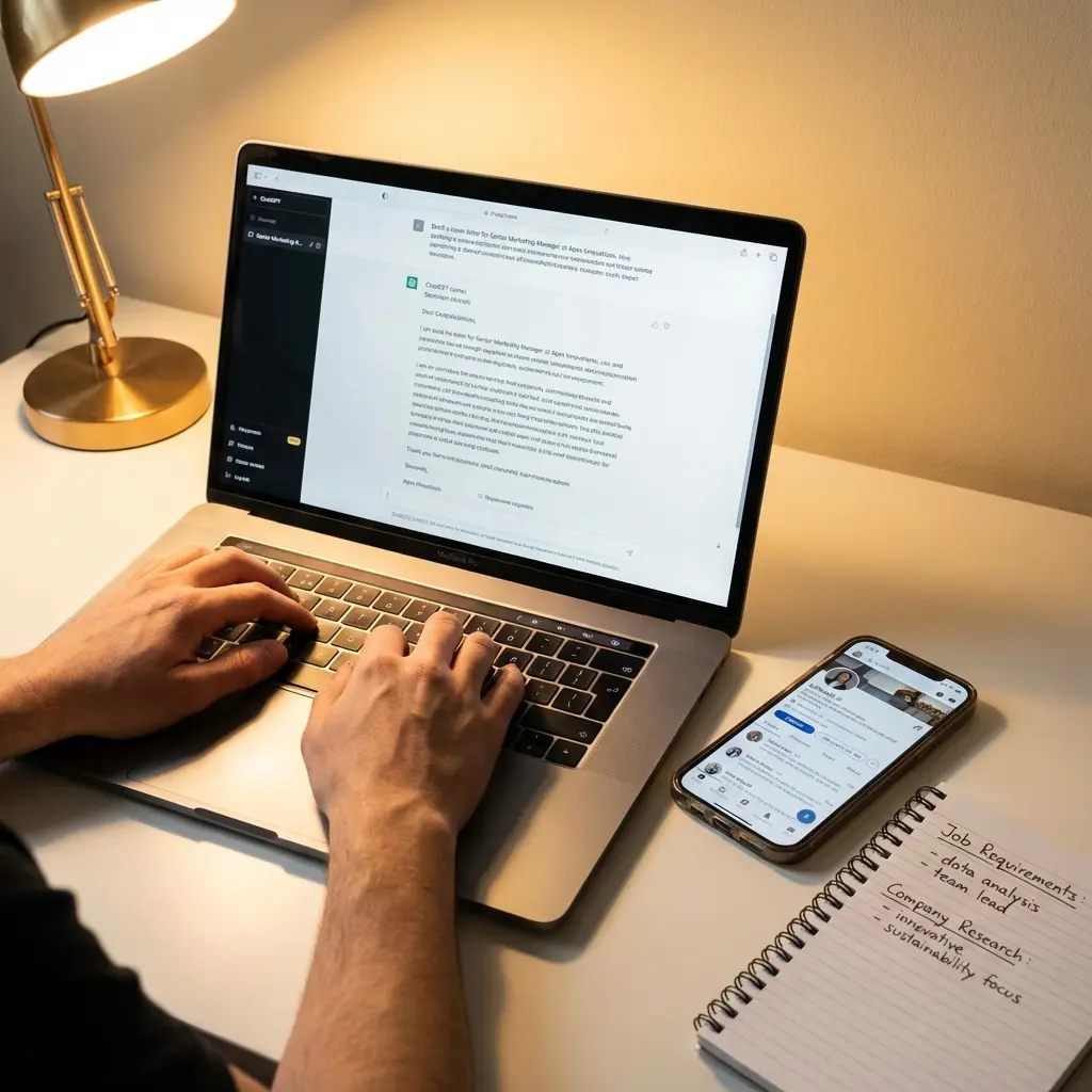 Person using ChatGPT to draft professional cover letter on laptop