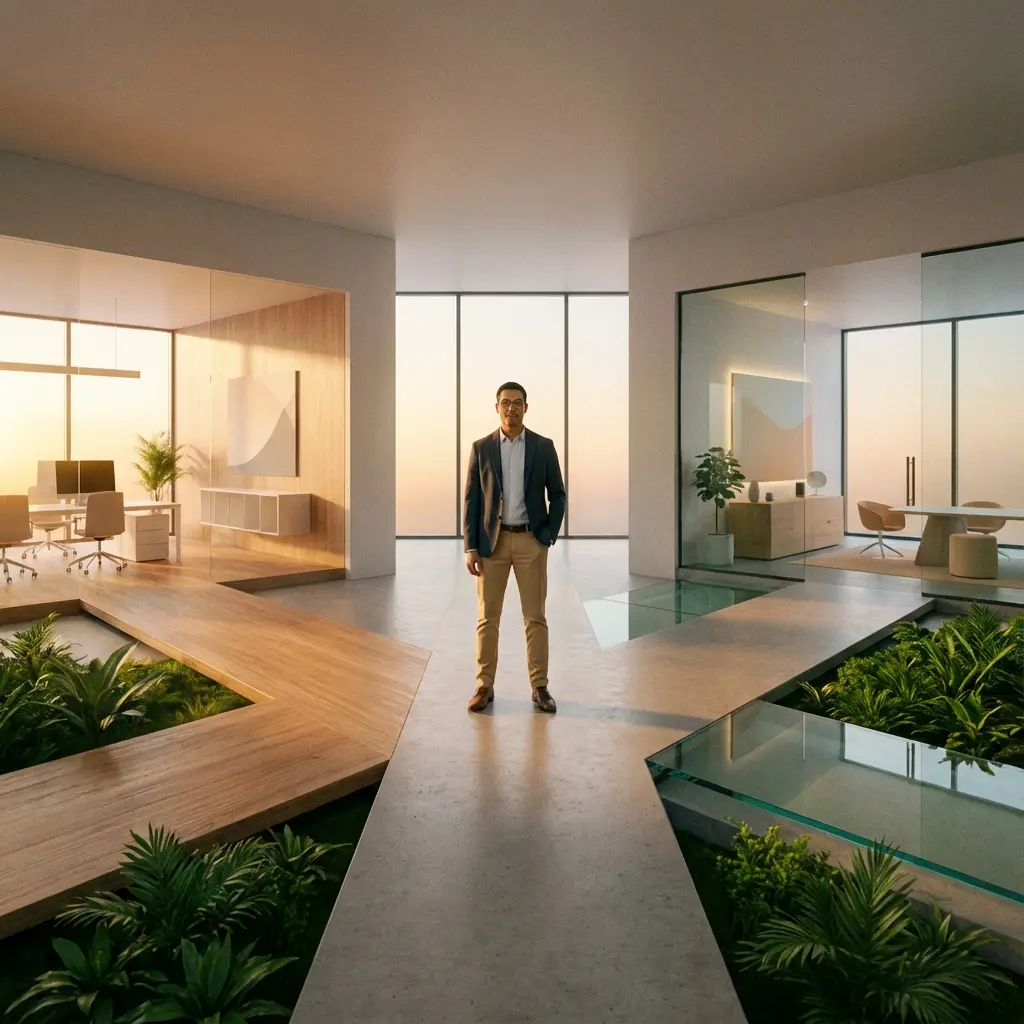 Professional at crossroads with multiple career paths ahead, symbolizing career change in the 30s