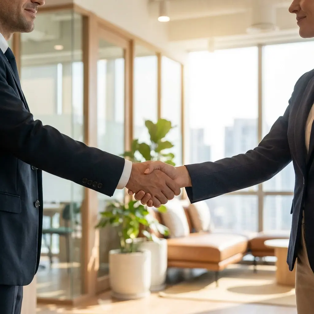 Professional handshake in modern office setting representing successful negotiation