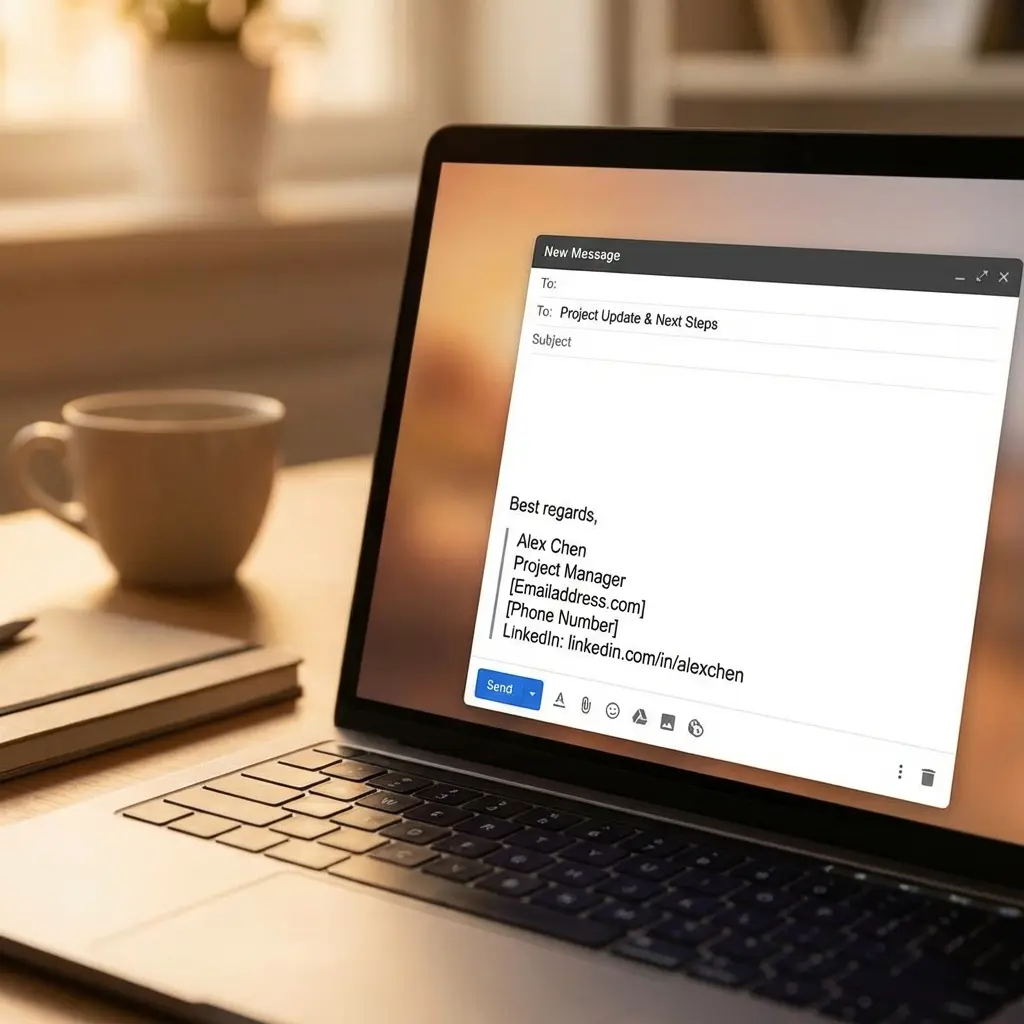 Professional email signature examples displayed on laptop screen