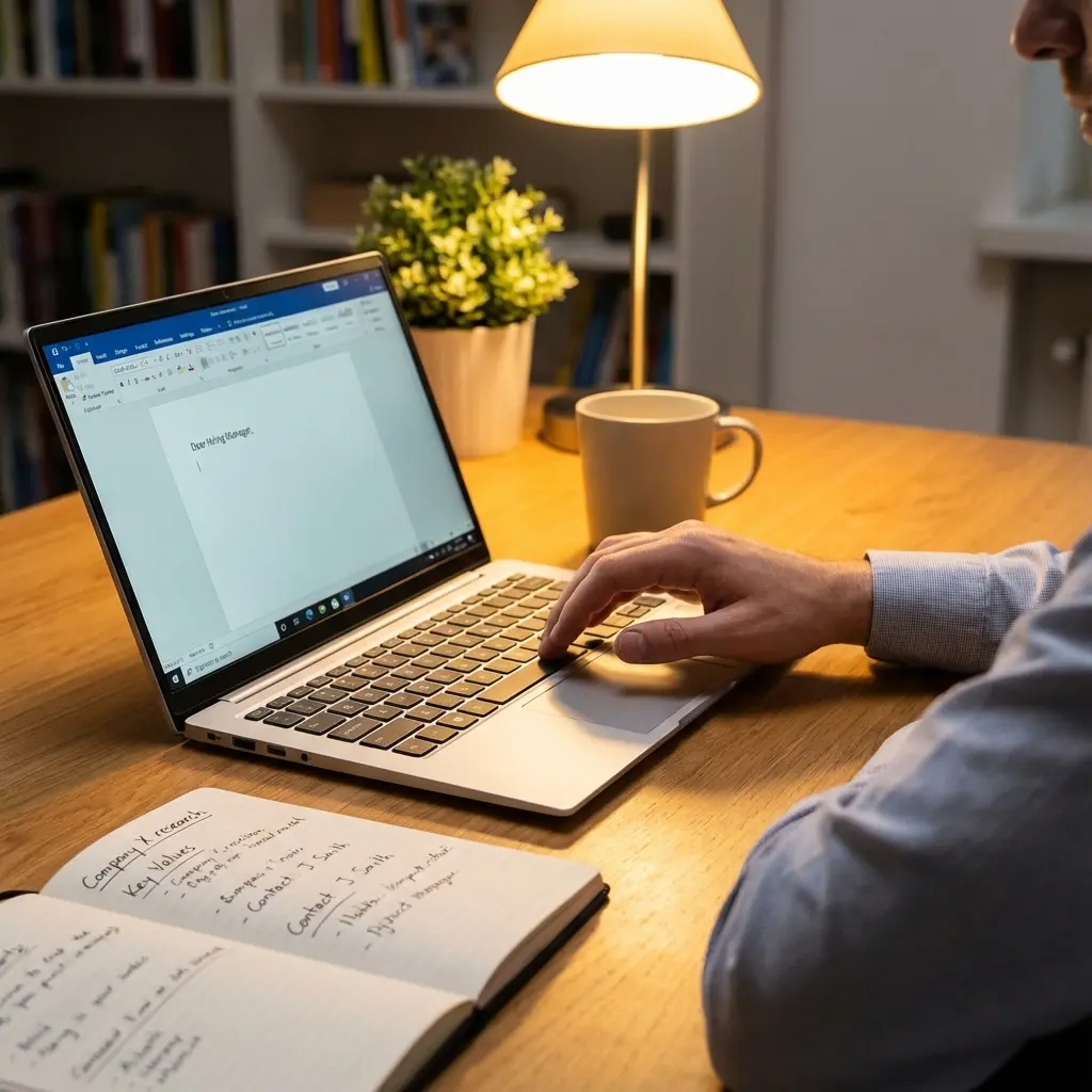 Person writing professional cover letter greeting on laptop