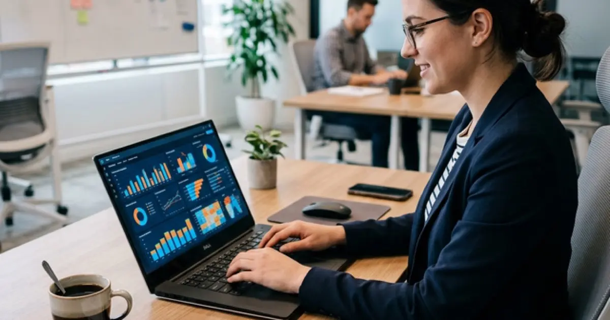 Analytics workspace with laptop showing data visualizations and charts