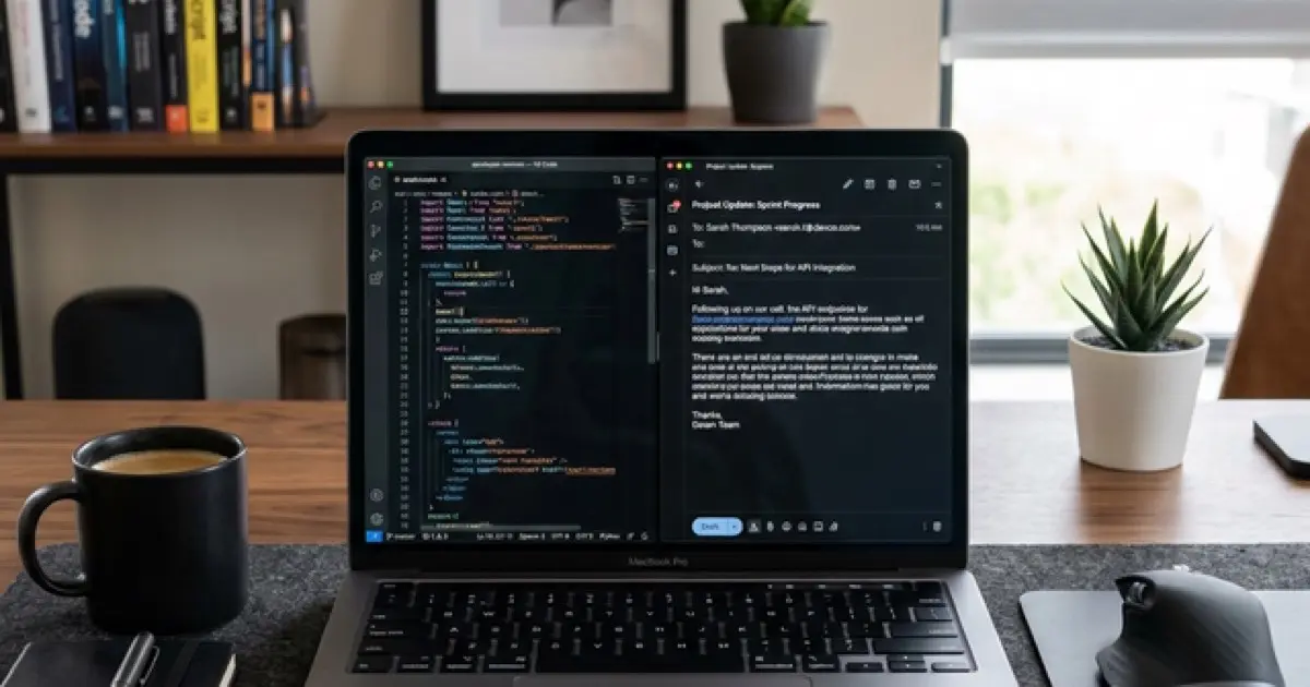 Developer workspace with laptop showing code editor and email draft