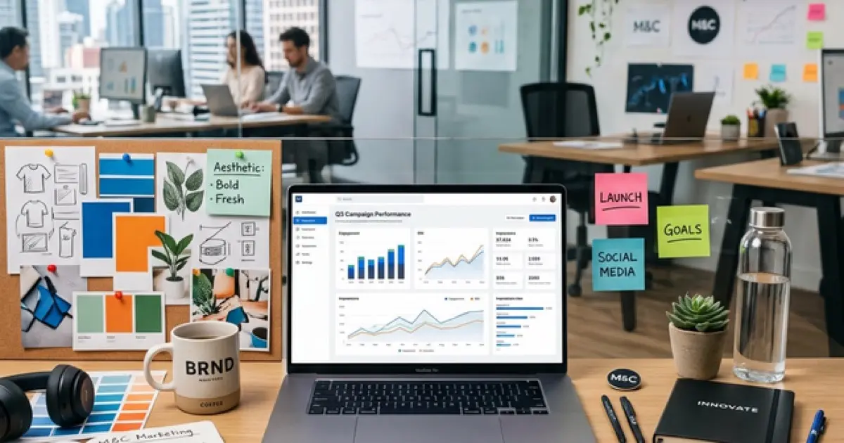 Marketing workspace with campaign analytics on laptop and creative materials