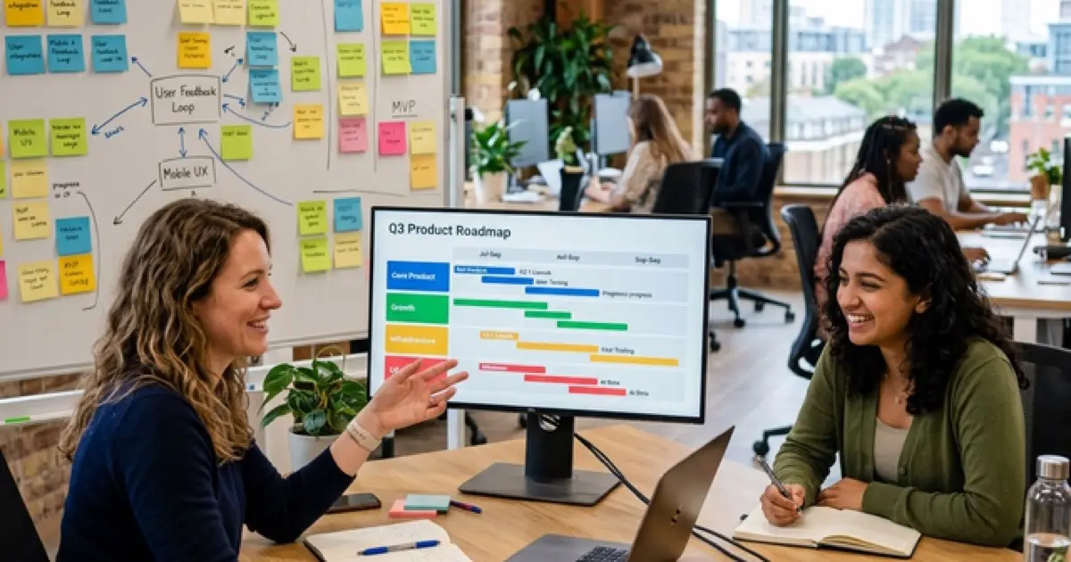 Product management workspace with roadmap on screen and sticky notes