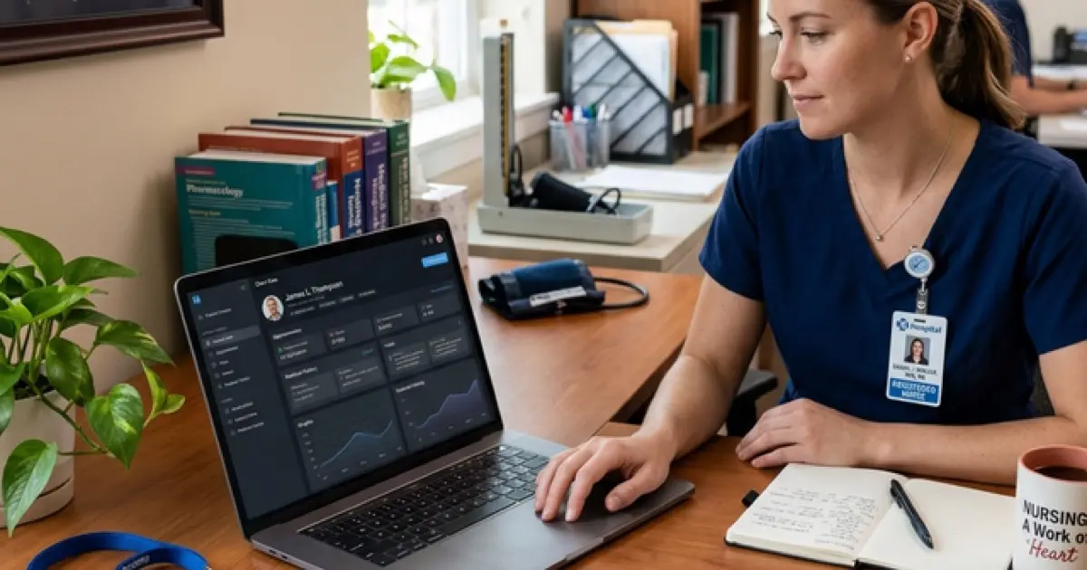 Healthcare professional workspace with stethoscope and laptop showing application
