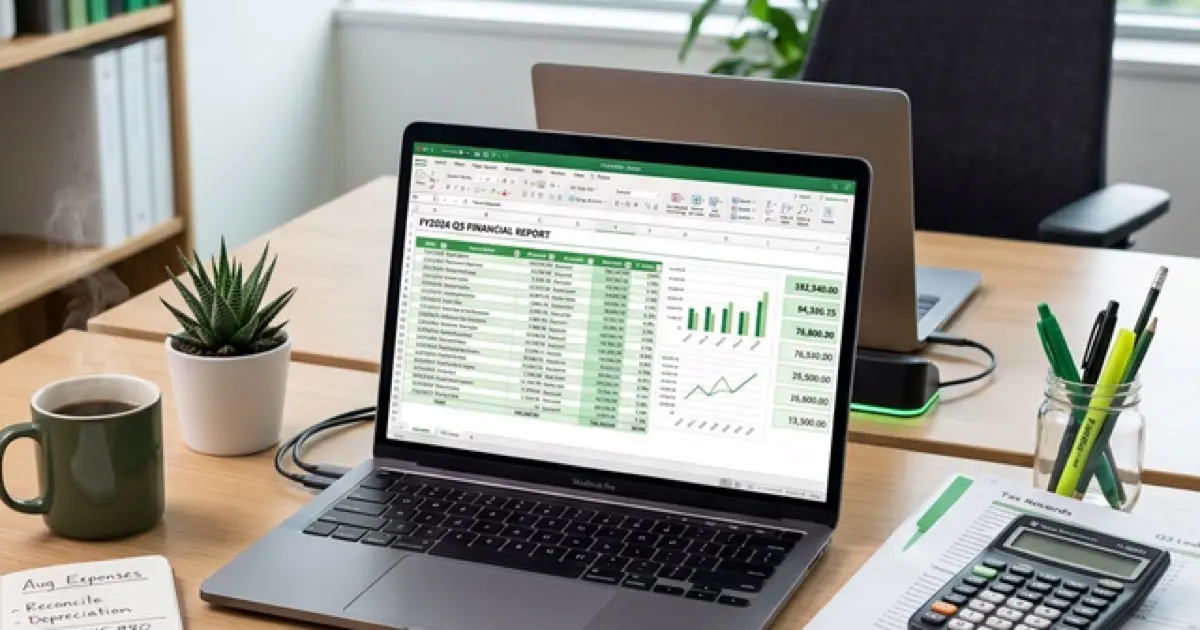 Accounting workspace with laptop showing spreadsheets and financial documents