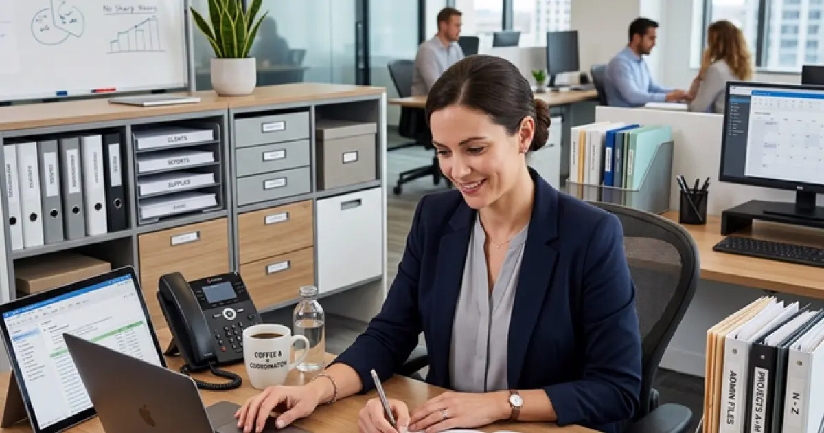 Organized office workspace with laptop, calendar, and efficient professional setup