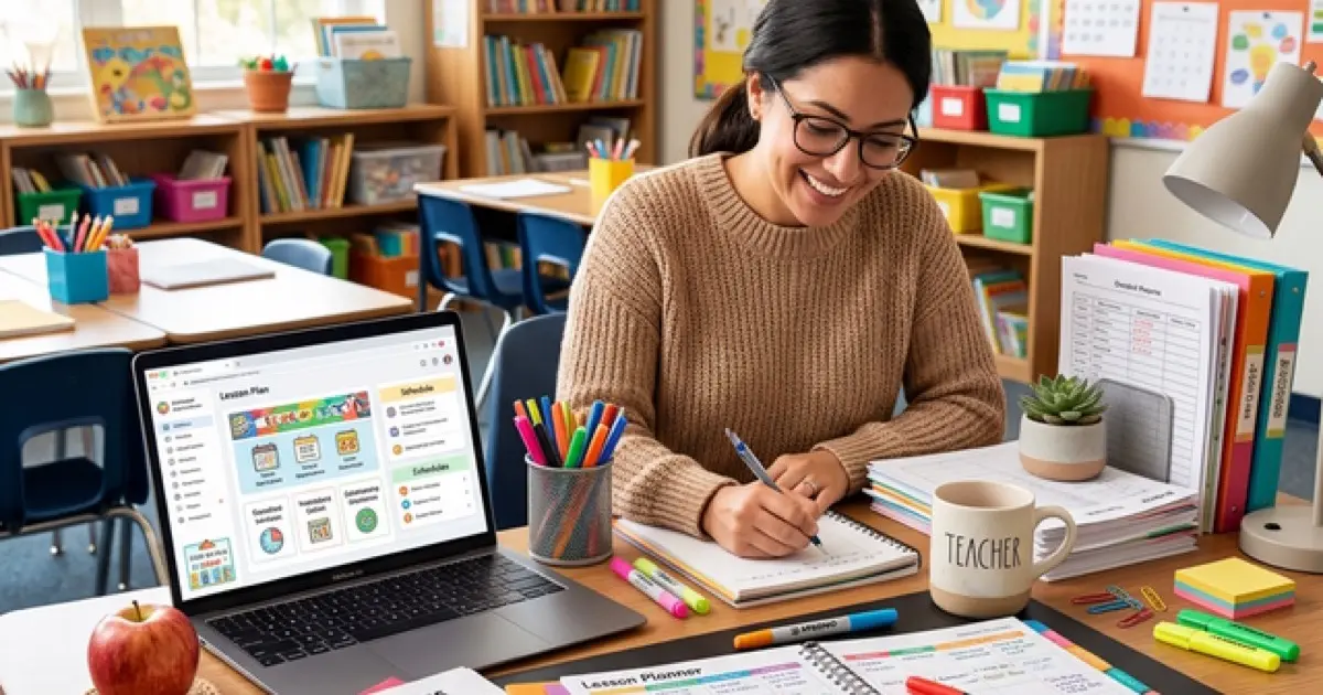 Teacher workspace with laptop and lesson plan materials in warm inviting setting