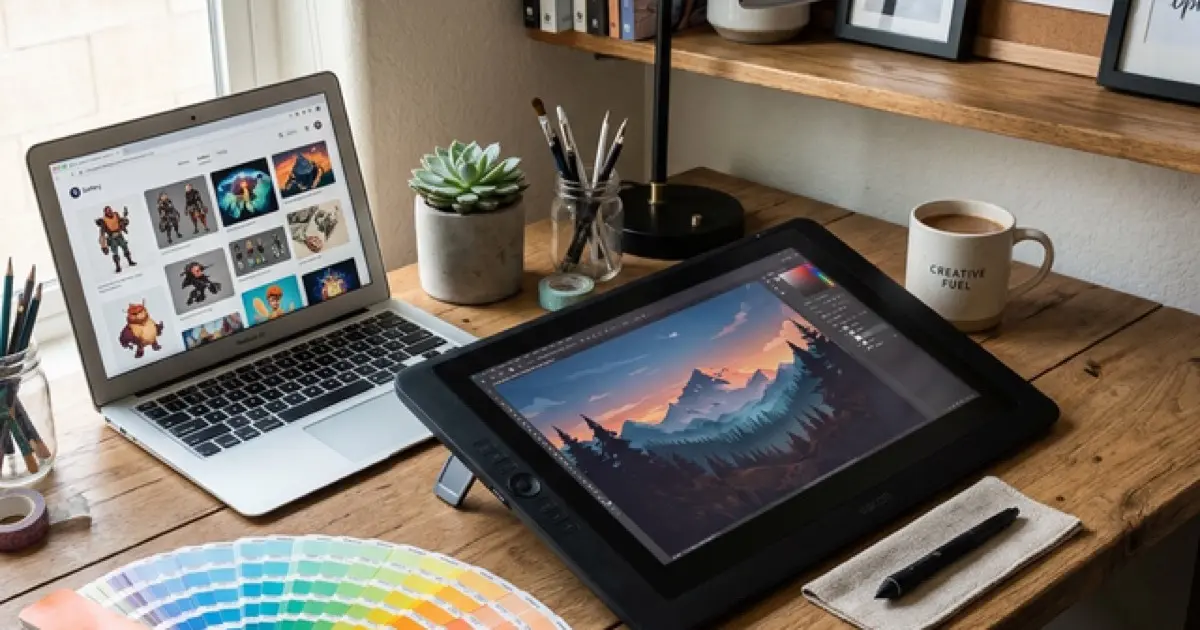 Creative workspace with tablet, stylus, color swatches, and laptop showing portfolio