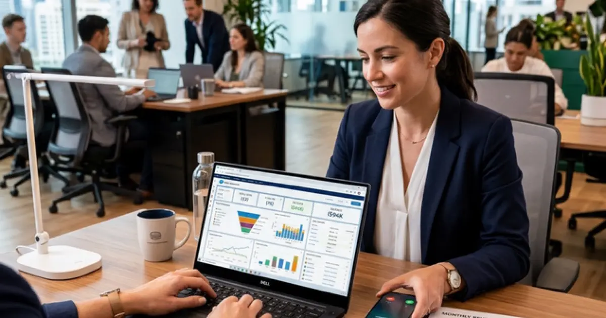 Sales professional workspace with CRM on laptop and performance dashboard