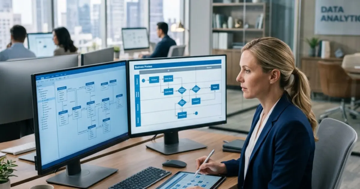 Business analysis workspace with data models and flowcharts on screen