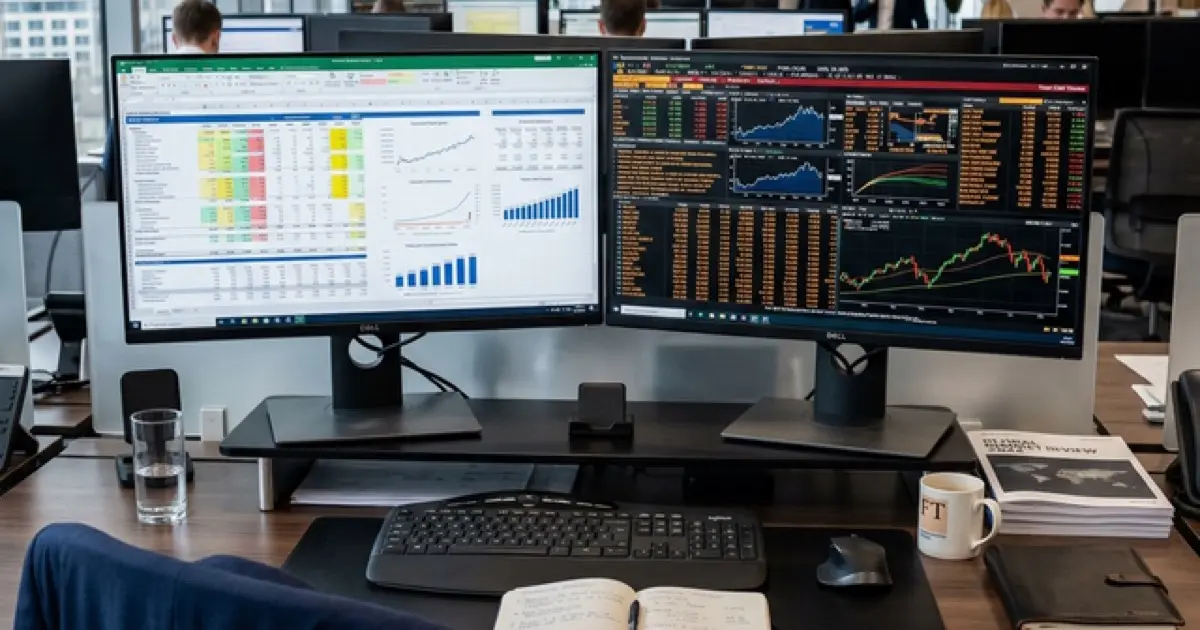 Finance workspace with market data on dual screens and financial models
