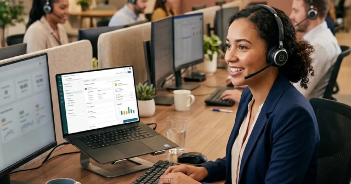 Customer service workspace with headset and laptop showing ticket system