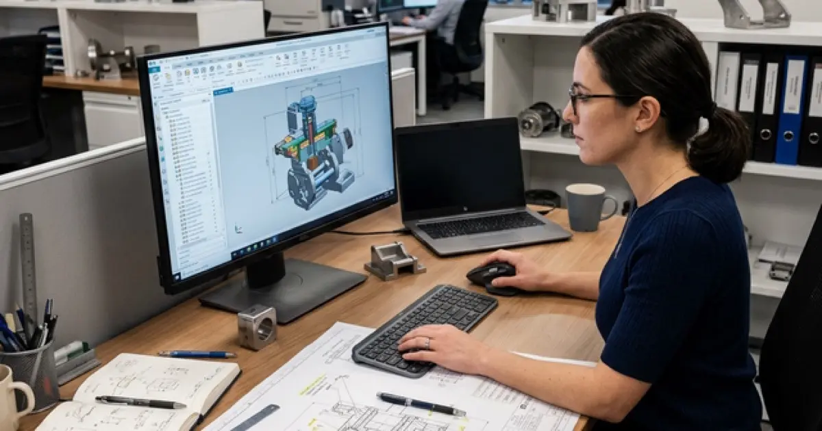 Engineering workspace with CAD software on screen and mechanical drawings