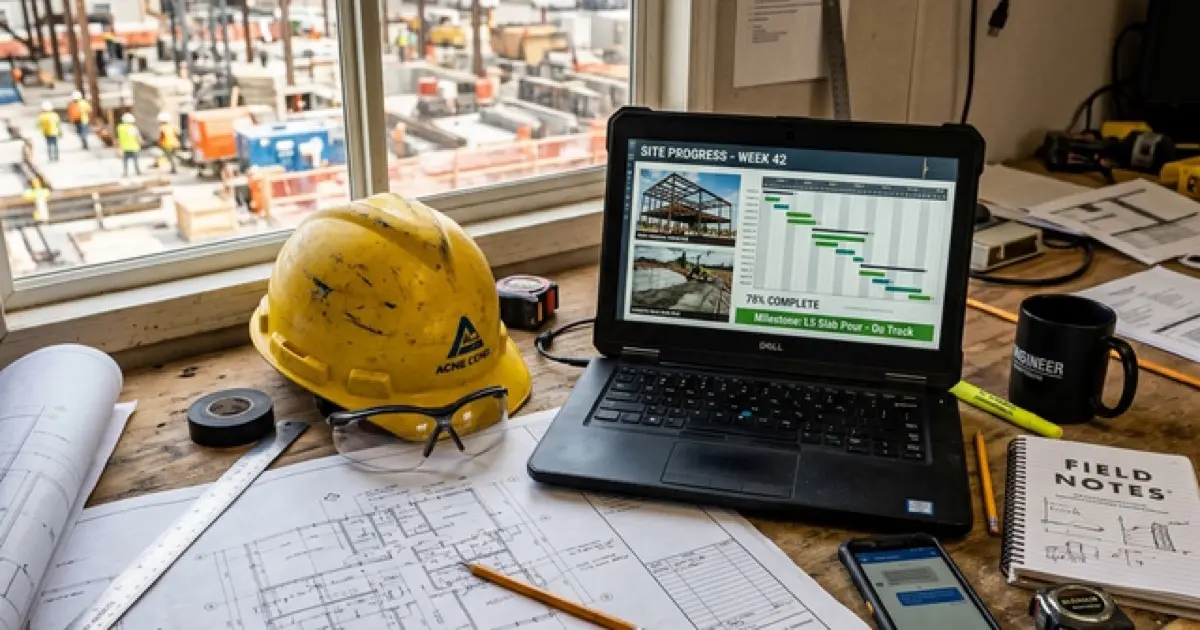 Construction site office with blueprints, hard hat, and project schedule on screen