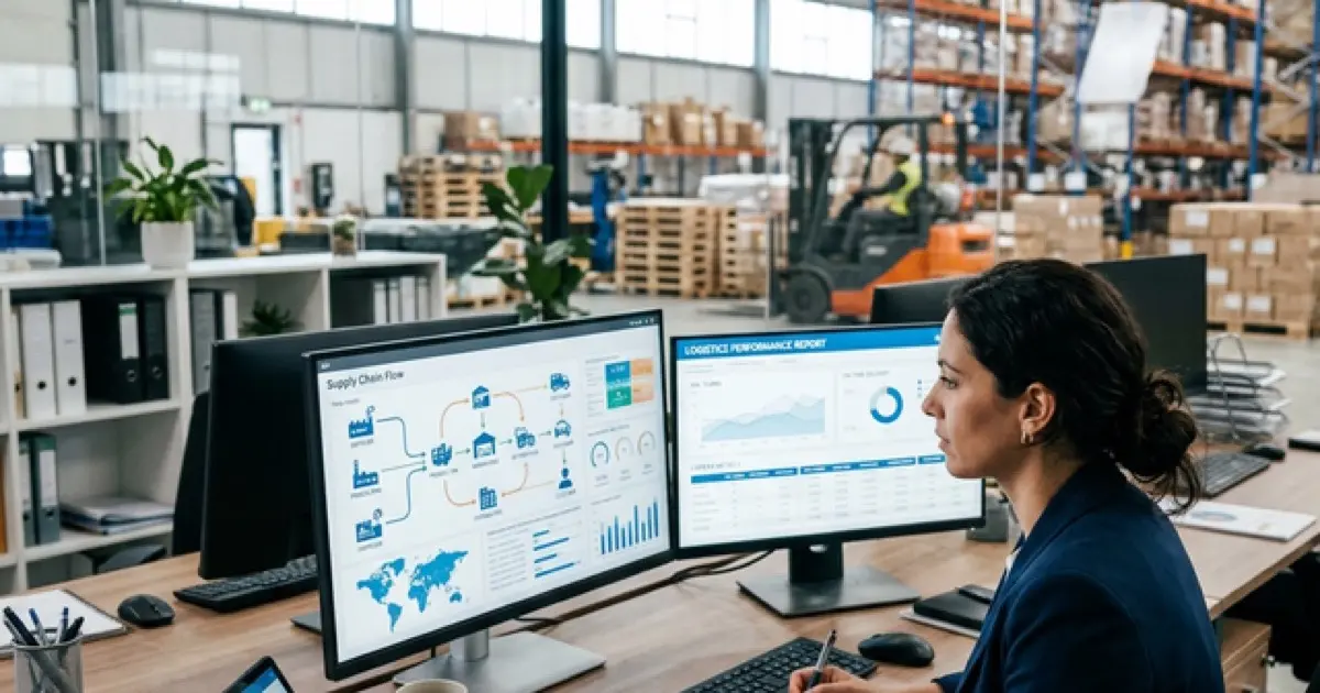 Operations workspace with process flowcharts and KPI dashboards on dual monitors