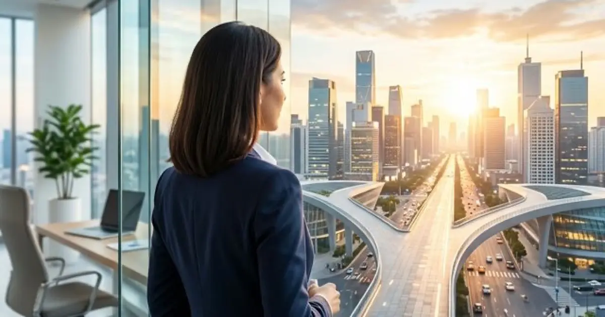 Professional at crossroads with two career paths visualized through modern office and creative workspace