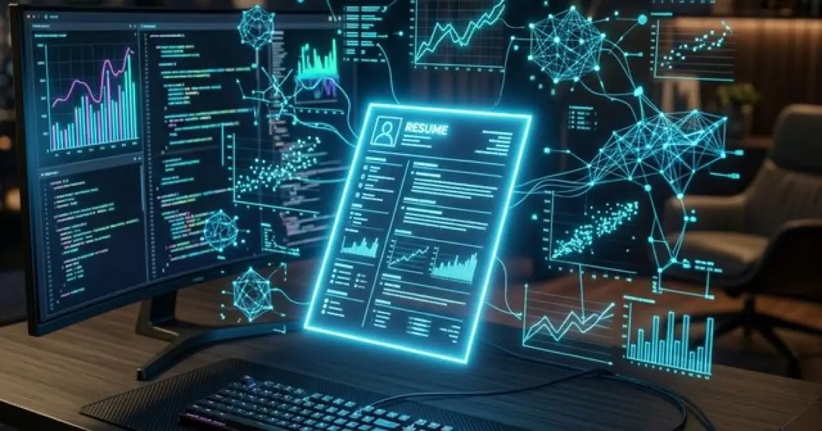 Data scientist workspace with dual monitors showing code, charts, and machine learning models