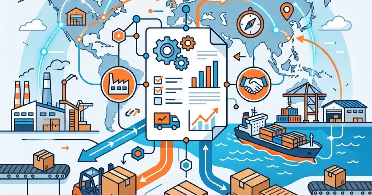 Supply chain operations center with logistics dashboards and shipping route displays