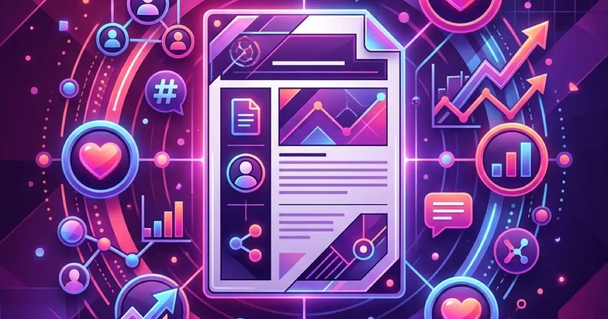 Social media manager workspace with analytics dashboards, content calendar, and engagement metrics on screen