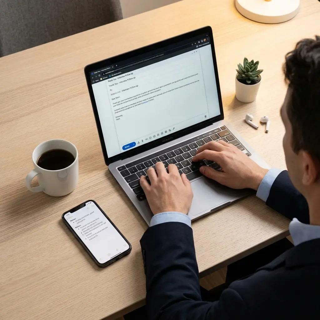 Professional writing thank you email on laptop after job interview