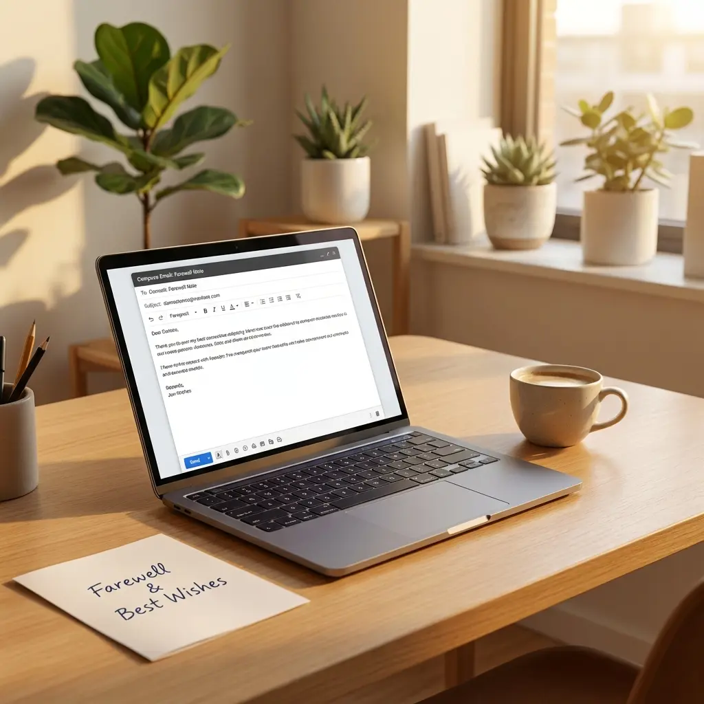 Professional composing farewell email on laptop