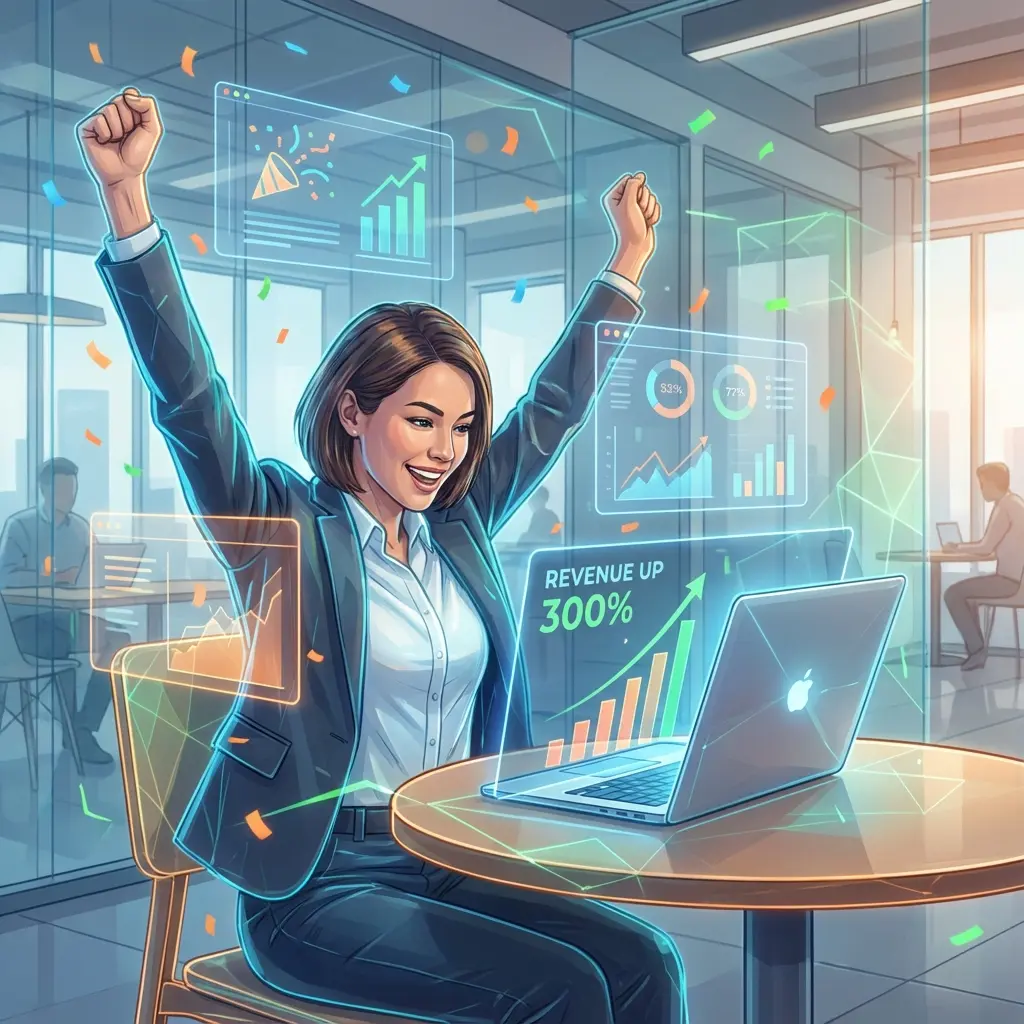 Entrepreneur working on laptop celebrating business success