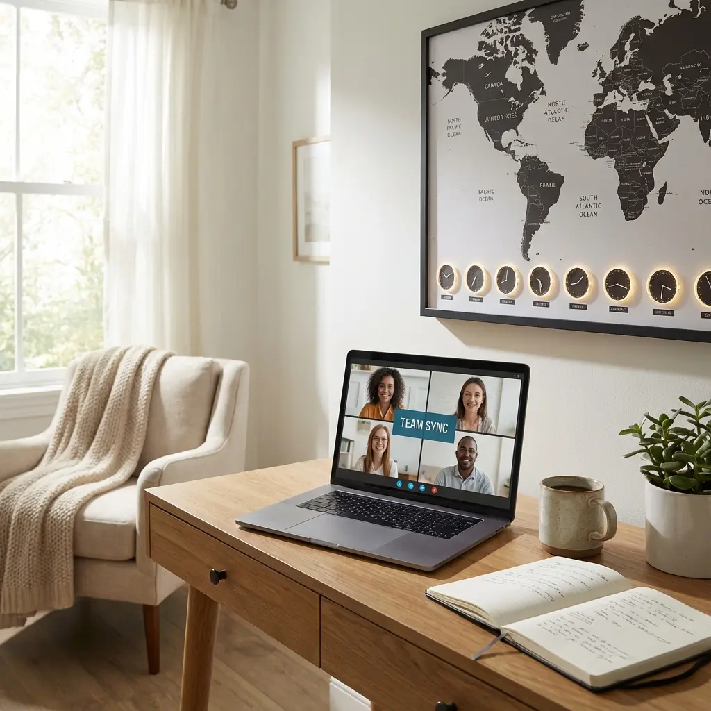 Remote worker at laptop with world map and multiple time zones displayed