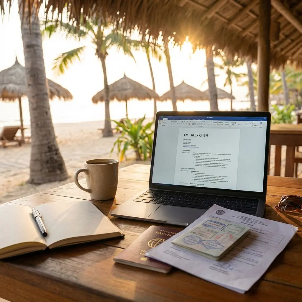 Digital nomad working on laptop from tropical location with passport and visa documents