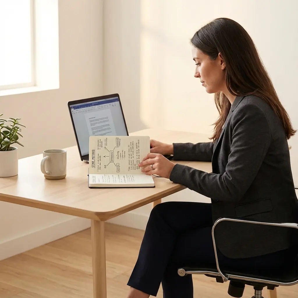 Professional preparing for behavioral interview with STAR method notes