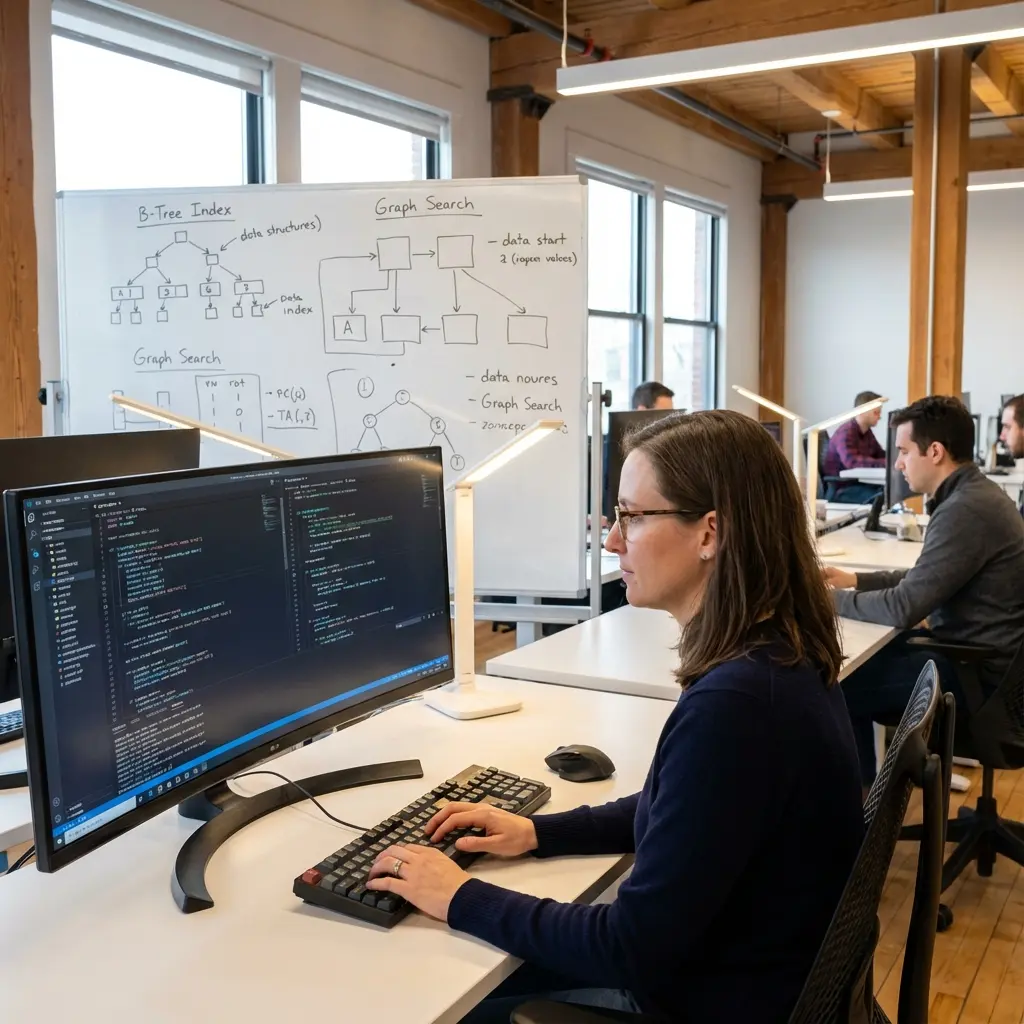 Software engineer preparing for technical interview with code on screen