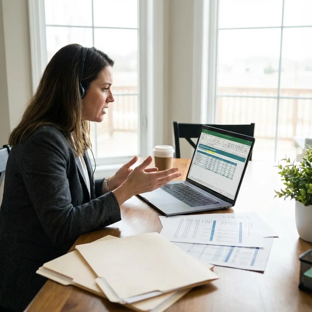 Professional negotiating remote job offer on video call with compensation documents visible