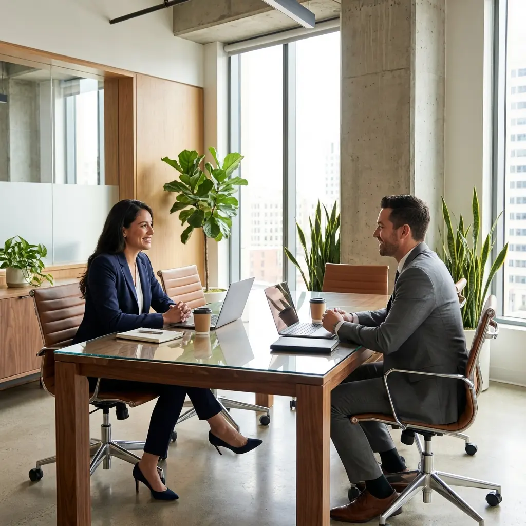 Professional candidate confidently answering interview questions in modern office setting