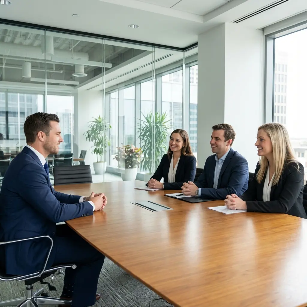 Confident candidate presenting to a panel of interviewers in a professional conference room