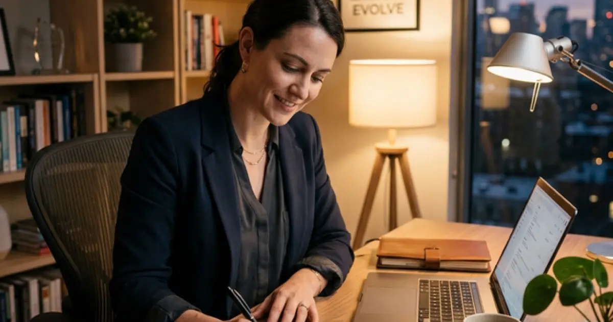 Confident professional presenting credentials in a modern interview setting