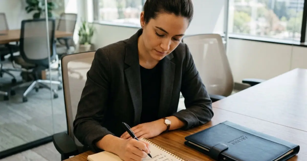 Professional in interview setting with company research notes and laptop