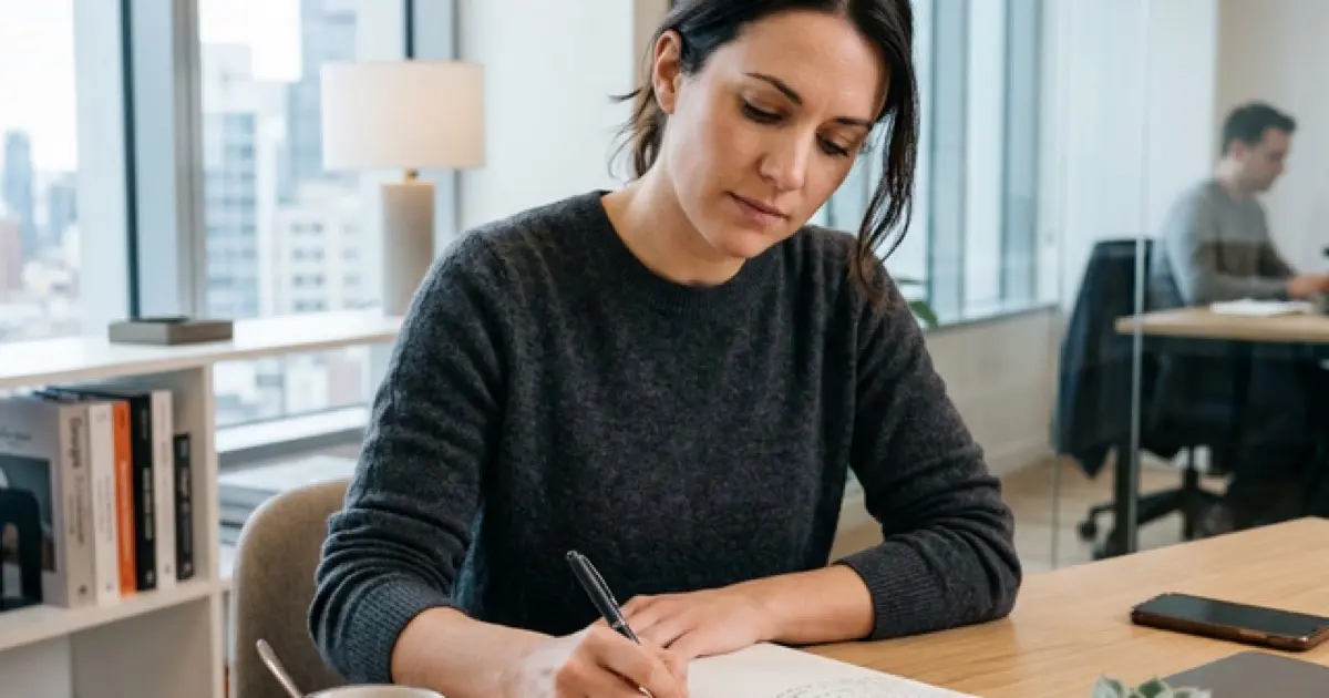 Professional in thoughtful interview moment demonstrating self-awareness
