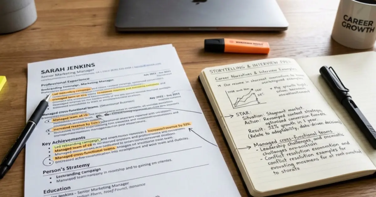 Resume document next to speech bubbles showing interview story transformation