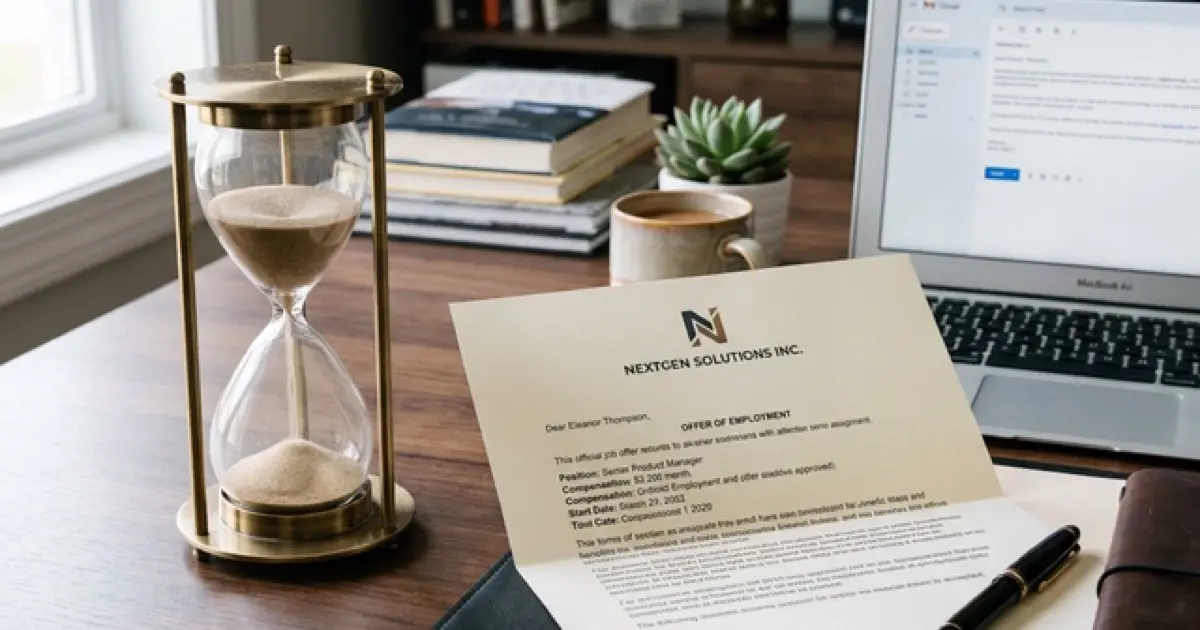 Clock and job offer letter on desk representing deadline pressure