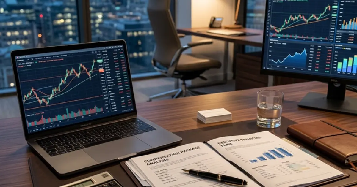 Professional reviewing equity grant documents and stock option calculations