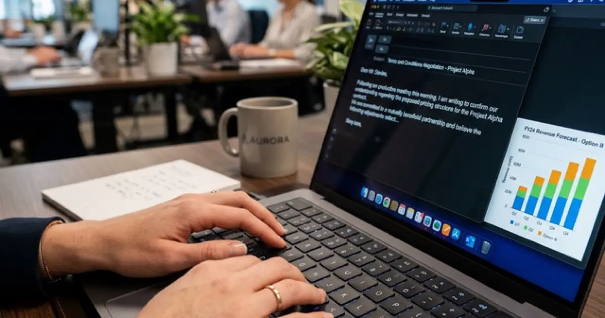 Professional composing negotiation email on laptop in executive office